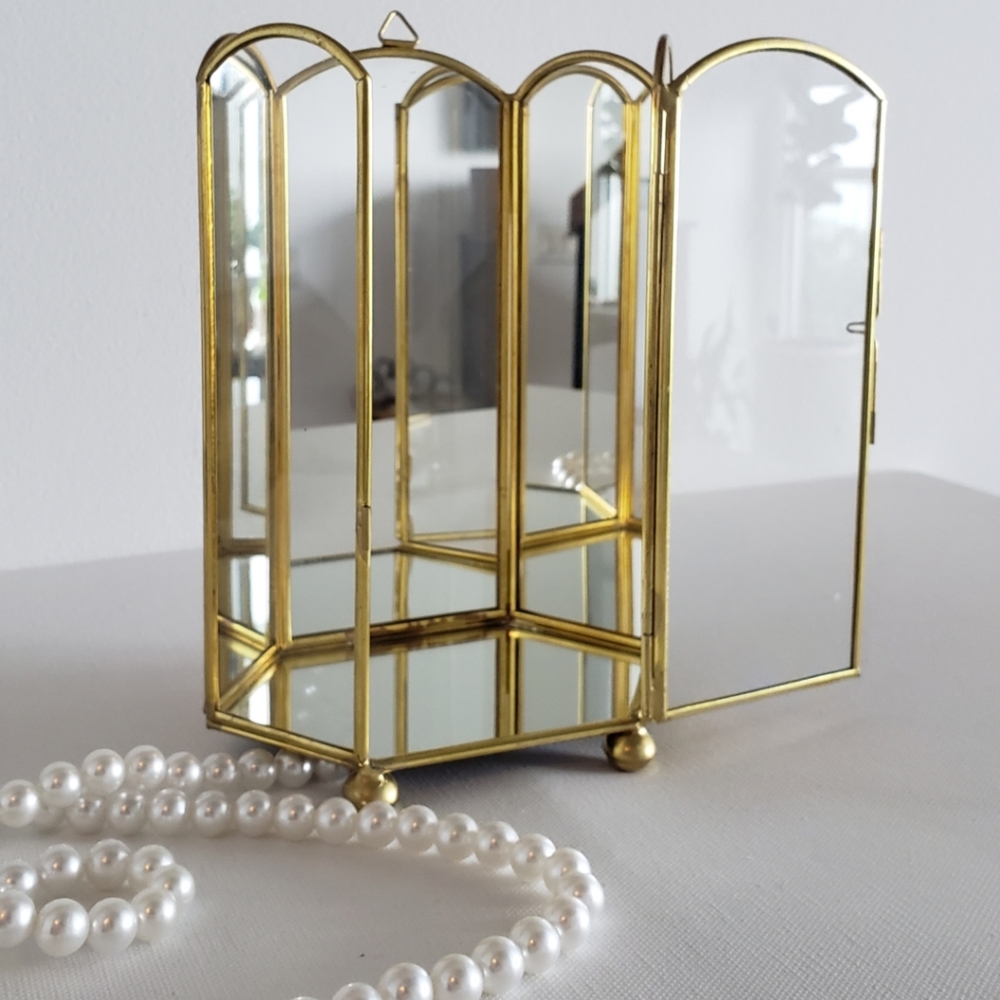 Gold and glass case with hanging hooks